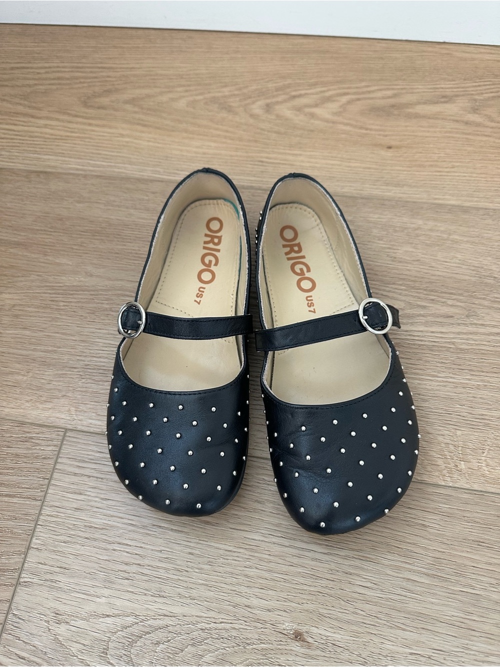Origo Black Studded Mary Jane Flats with Buckle